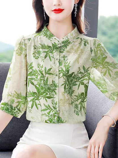 Bailey Loose Stand Collar Floral Chiffon Top