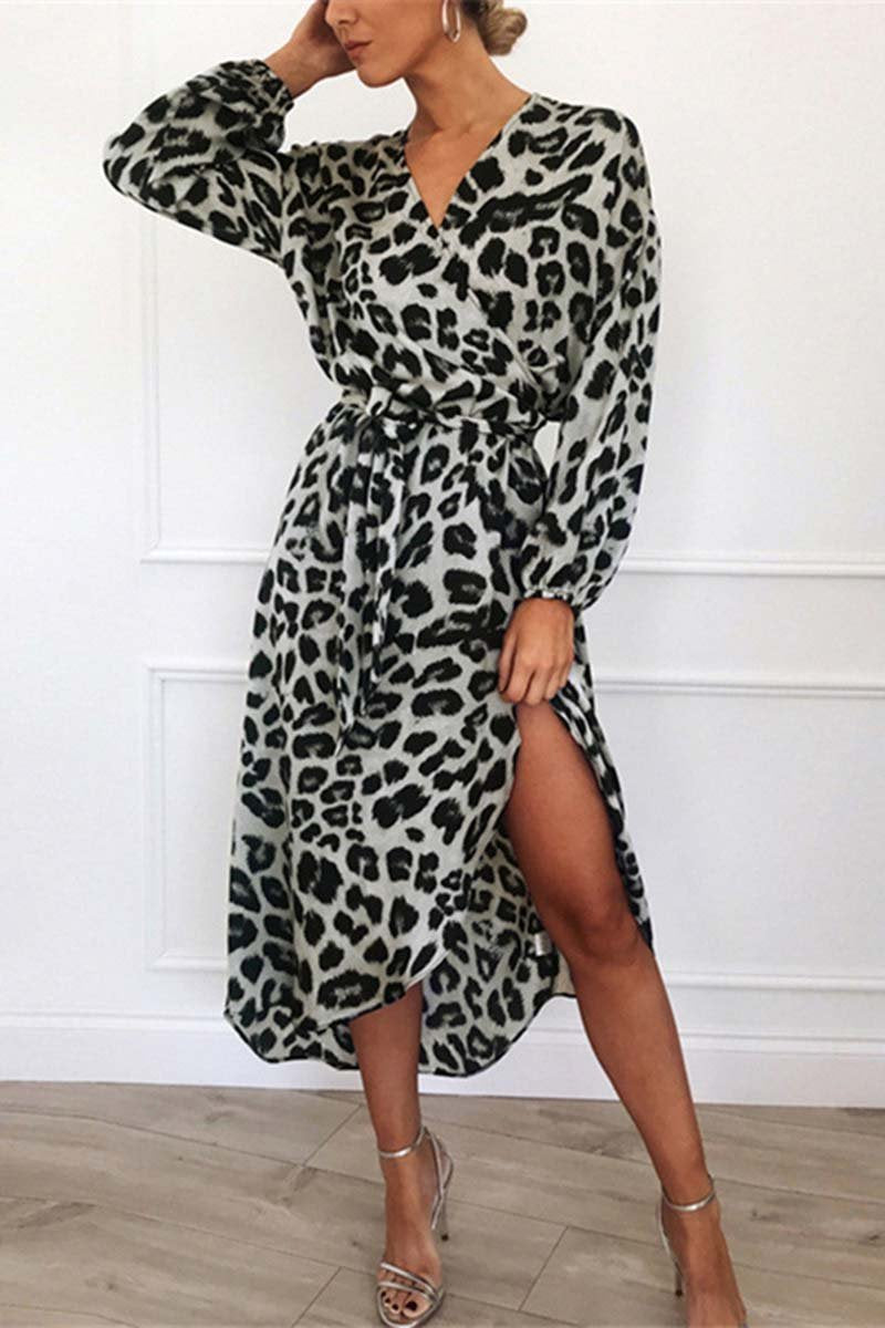 Print Wrap V-Neck Long Sleeve Tie Waist High Low Slit Midi Dress