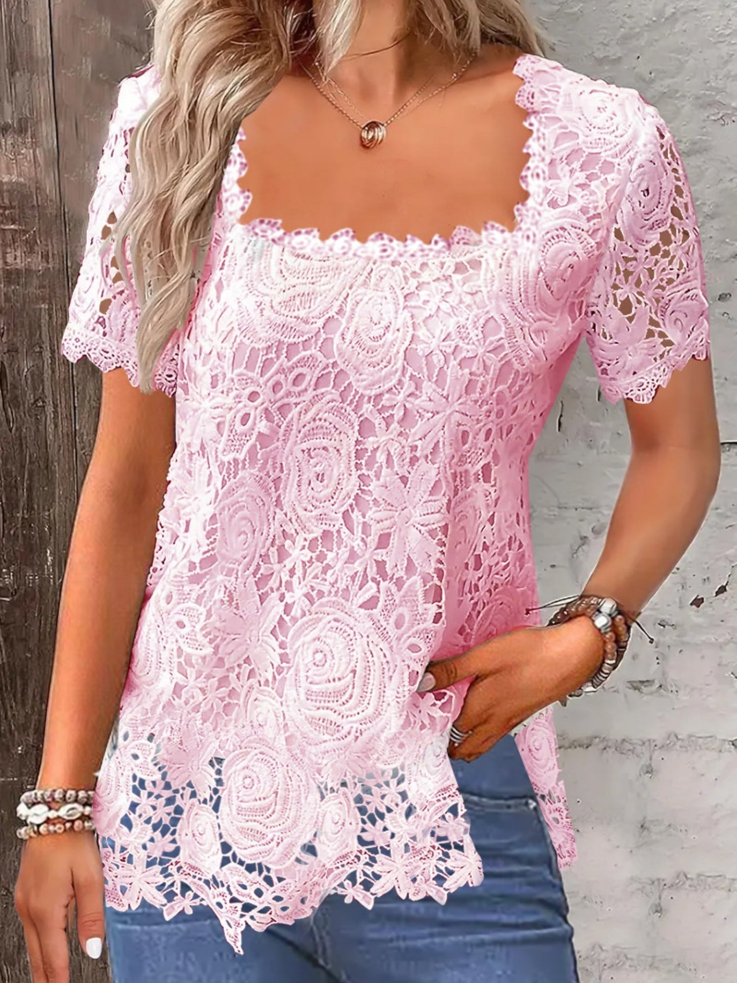 Lace Trim Square Collar Short-sleeved T-shirt