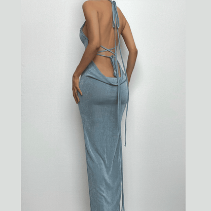 Halter Criss Cross Tie Back Cowl Back Maxi Dress