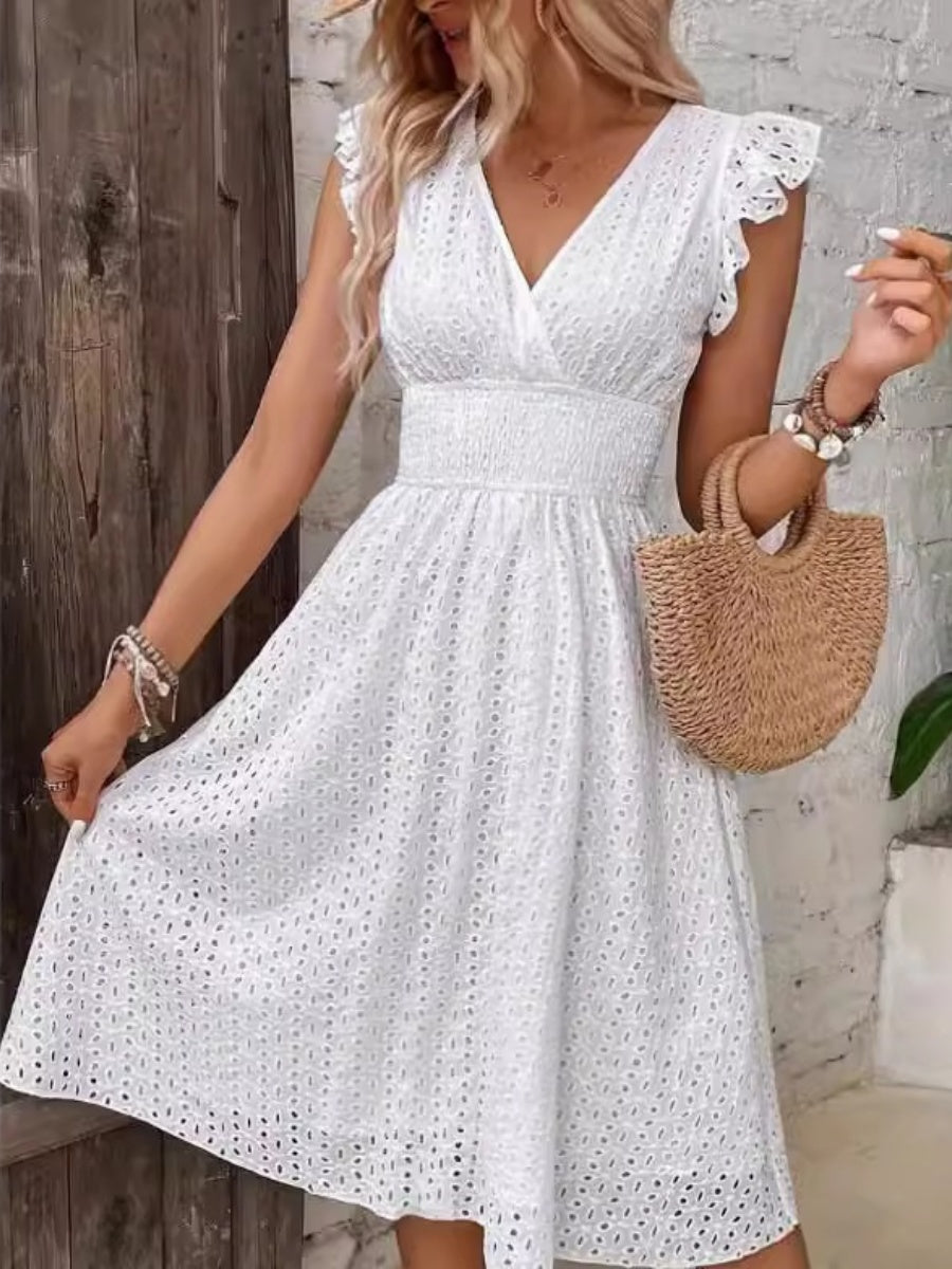7 Colors Lace Flutter Sleeve V-neck Midi Dress