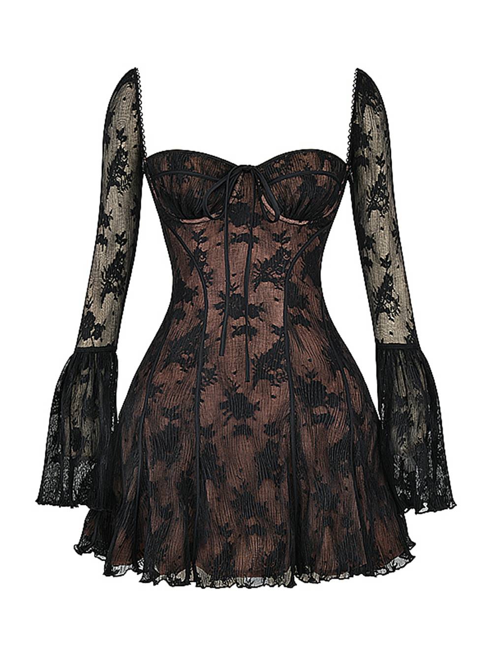 Women's Square-Neck Corset Lace Mini Dress – Long-Sleeve Elegant Fit