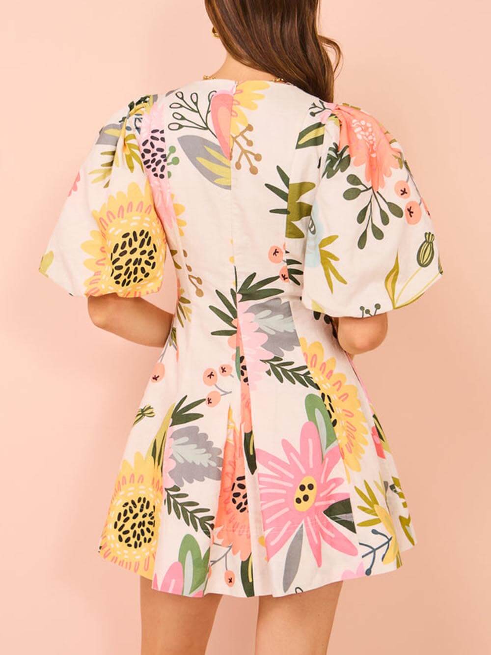 Floral Print Puff Sleeve Plunging V Neck A-Line Mini Dress