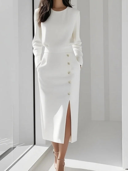 Long-sleeved, Solid Color, Round Neck, Fitted Waist, Button-down, Slit Midi Dress