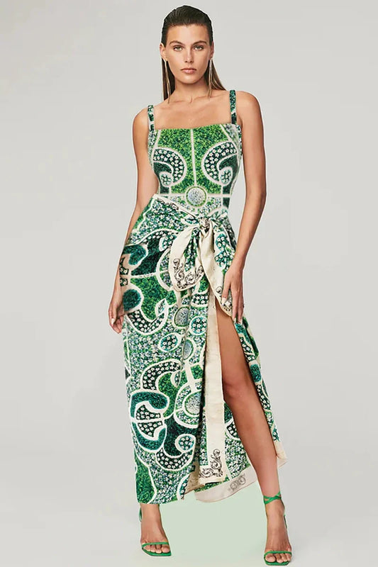 Green Ethnic Print One Piece Swimsuit Set