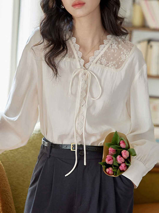 Aubrey Vintage V-neck Patchwork Lace Shirt
