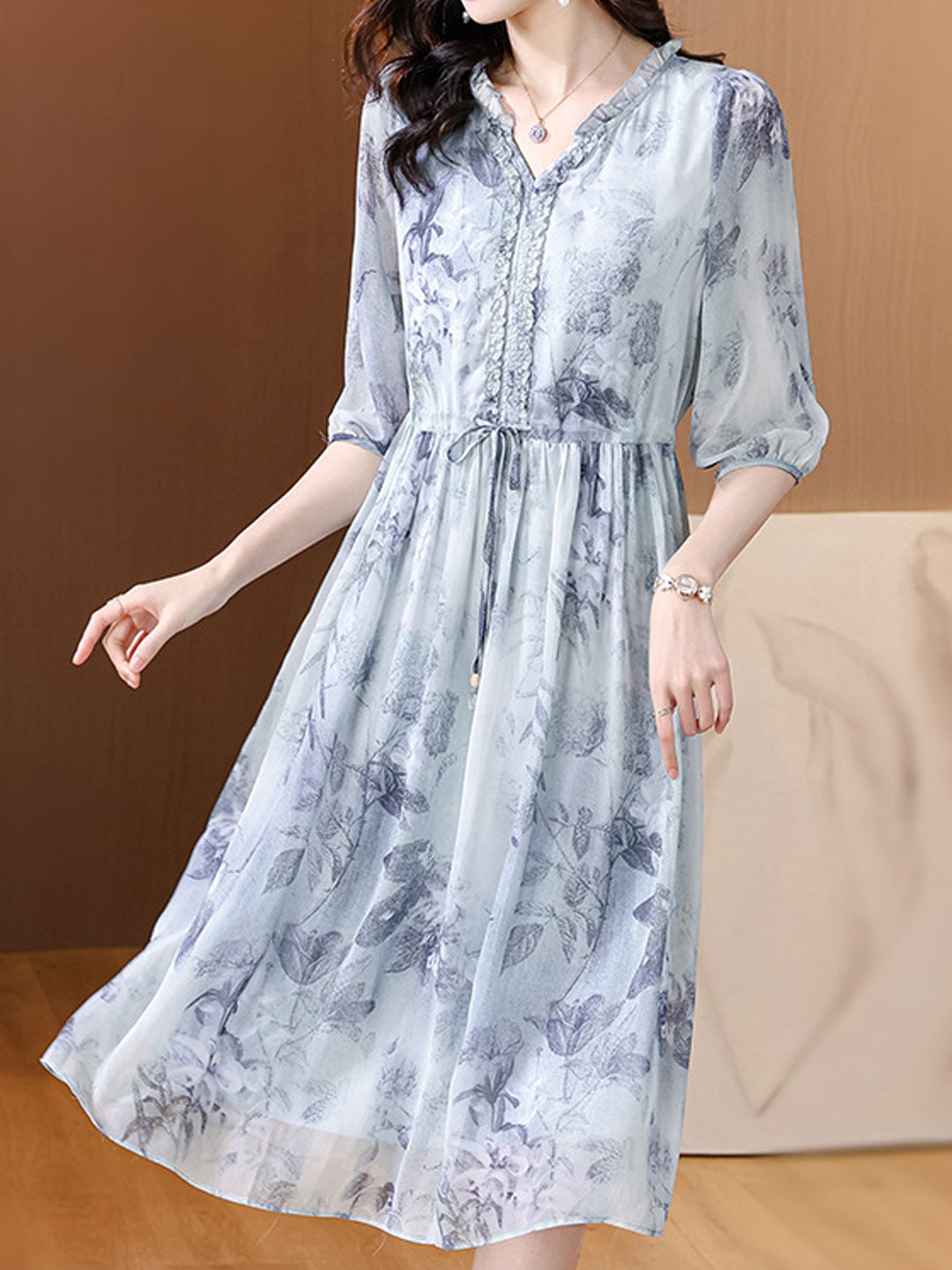 Brianna Classic Puff Sleeve V-Neck Chiffon Printed Dress