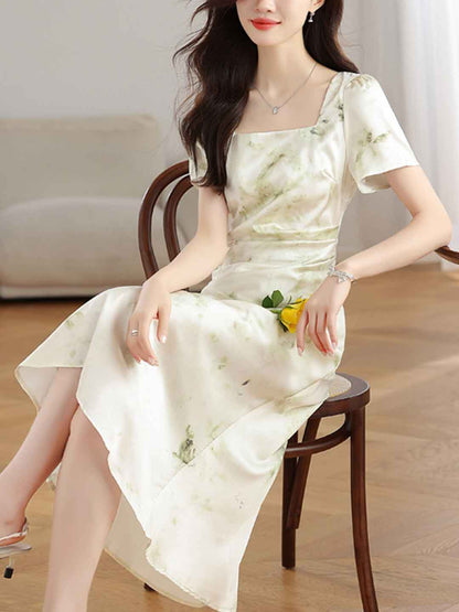 Ariana Elegant Square Neck Satin Printed Dress