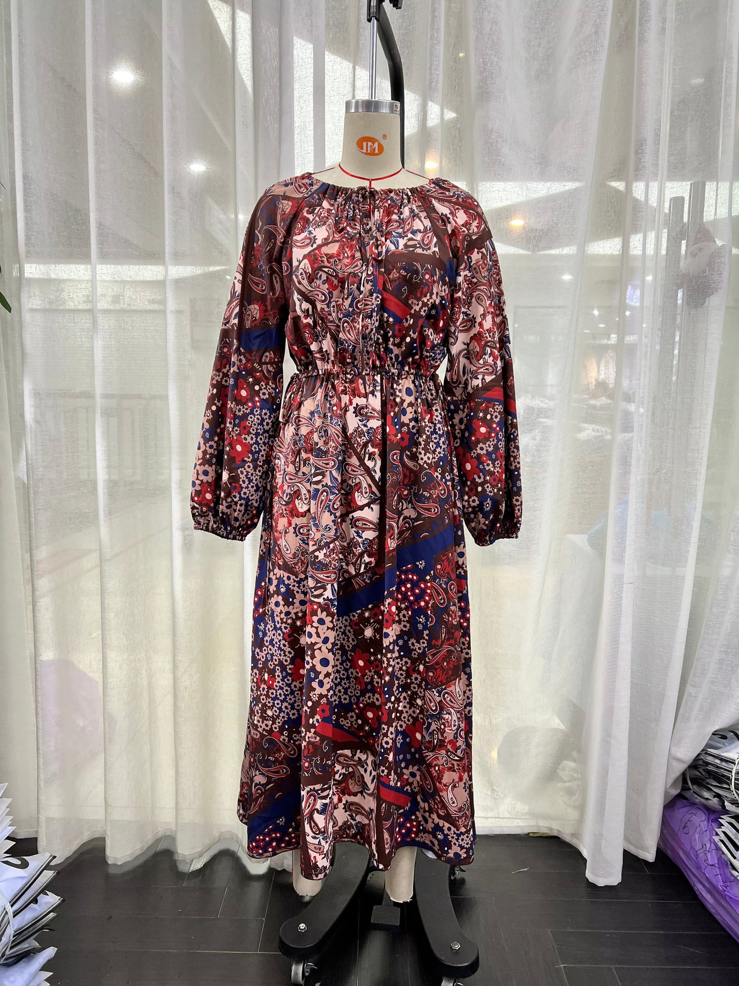 Floral Print Round Neck Lace Up Maxi Dress