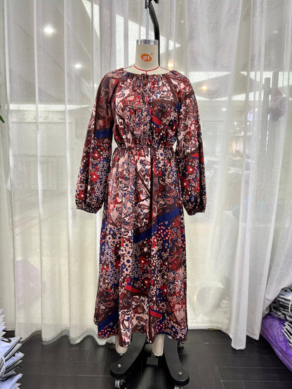 Floral Print Round Neck Lace Up Maxi Dress