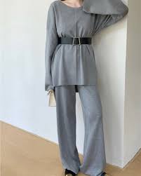 Gray - Knitted Wide-Leg Pants & Sweater Two Piece Set