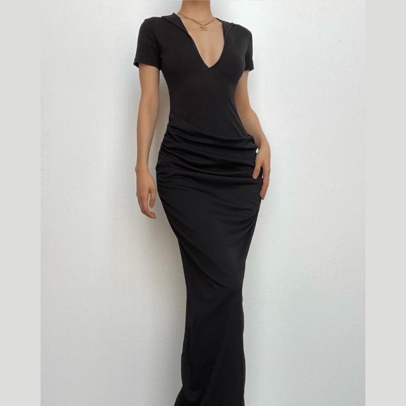 Short sleeve v neck ruched low cut slit solid maxi dress-final-sale