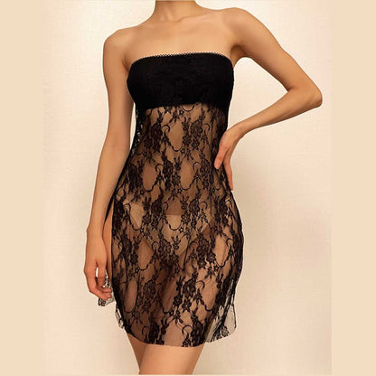 Floral Lace Strapless Tube Side Slit Backless Mini Dress