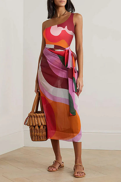 Geometric Print One Piece Swimsuit Set