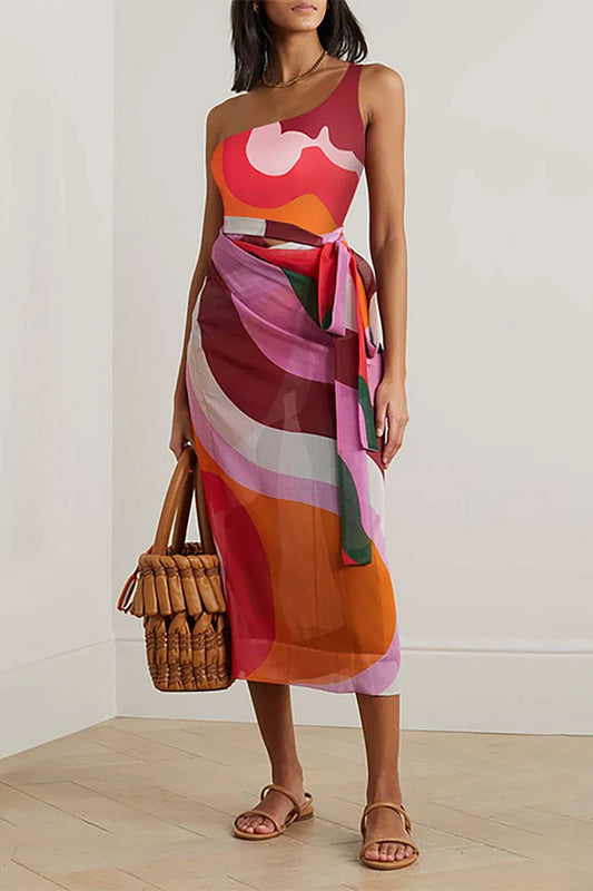 Geometric Print One Piece Swimsuit Set