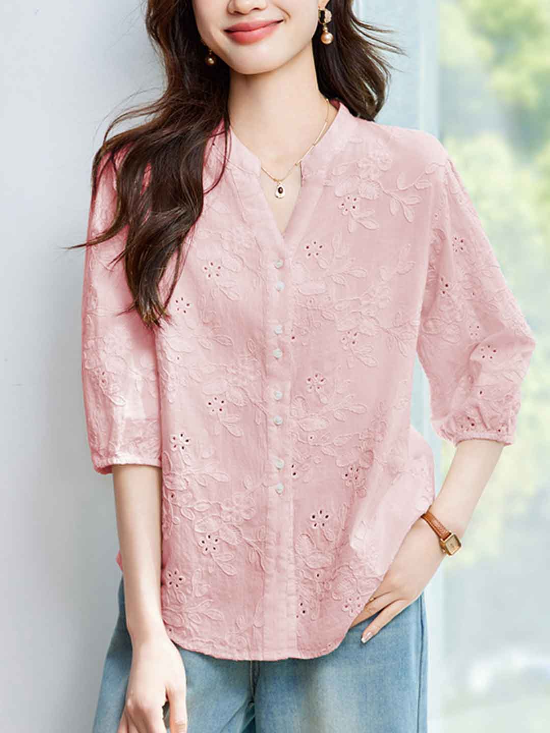 Bella Elegnat V-Neck Embroidered Hollowed Top