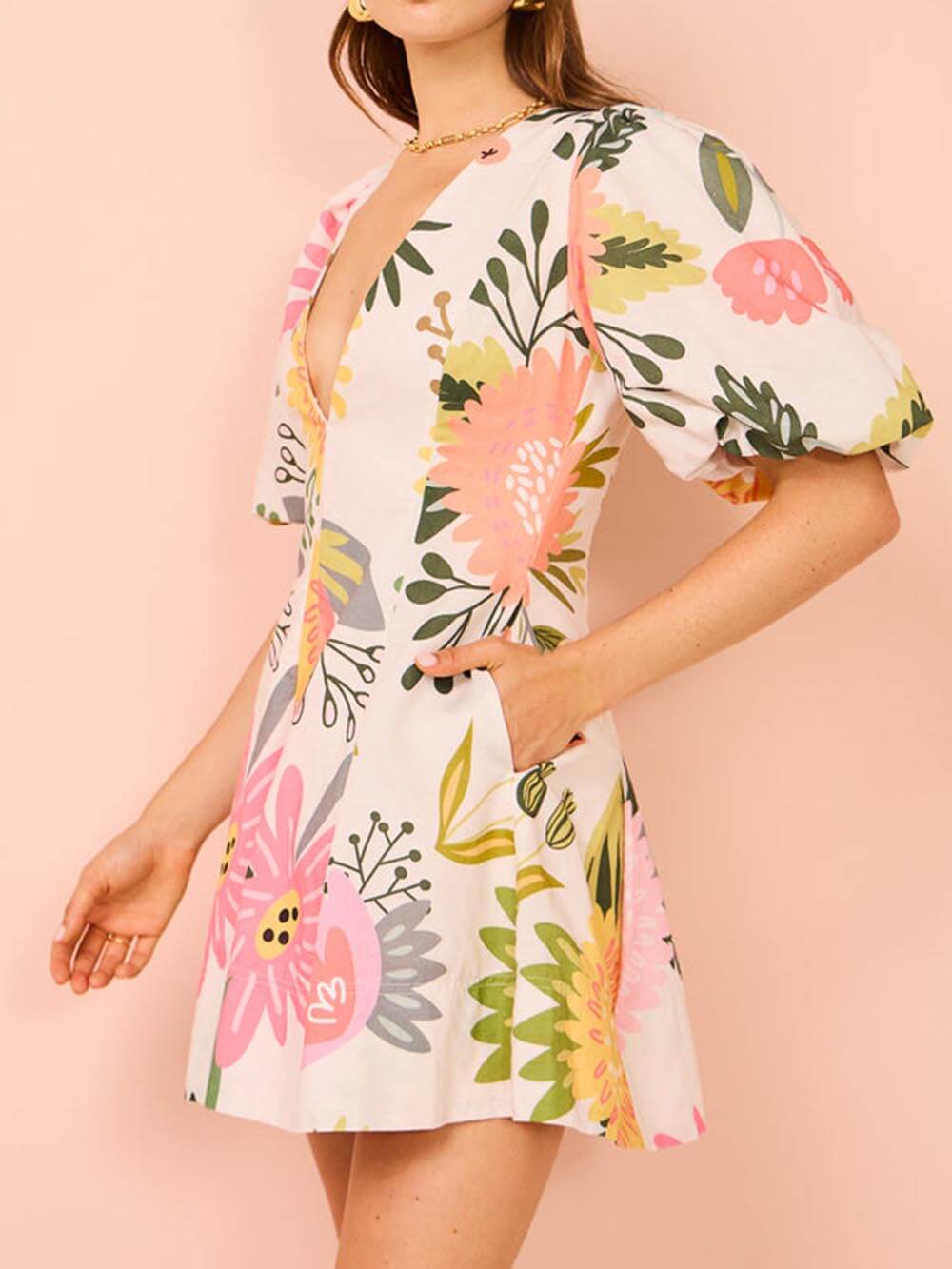 Floral Print Puff Sleeve Plunging V Neck A-Line Mini Dress