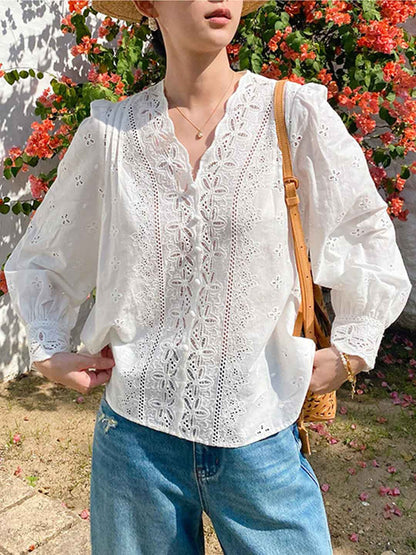 Aubrey Loose V-Neck Puff Sleeve Embroidered Top