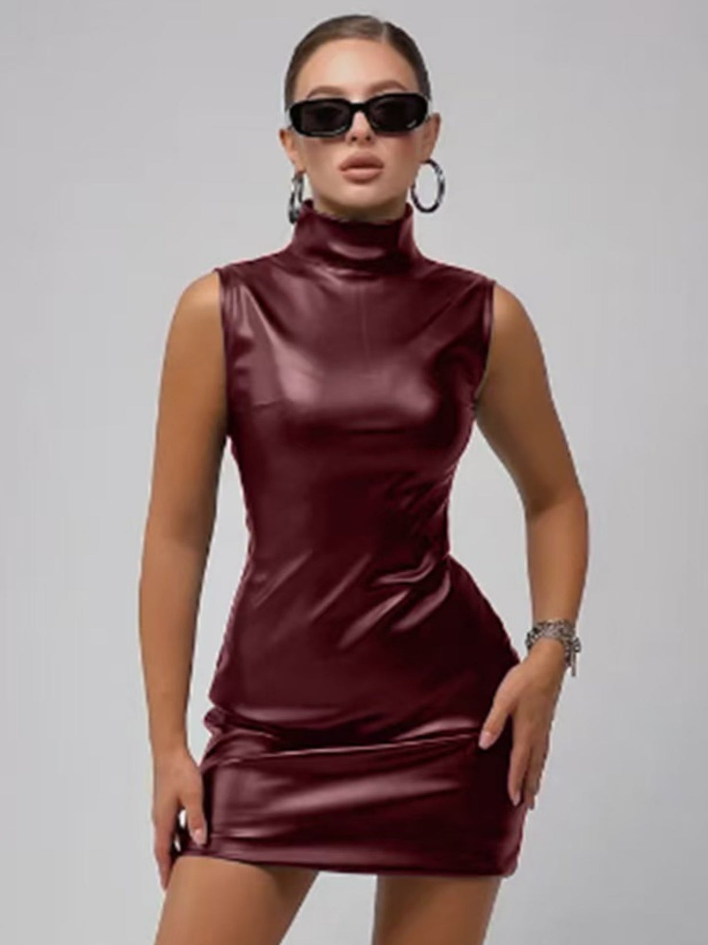 PU Leather Mock Neck Pleated Mini&Short Dresses
