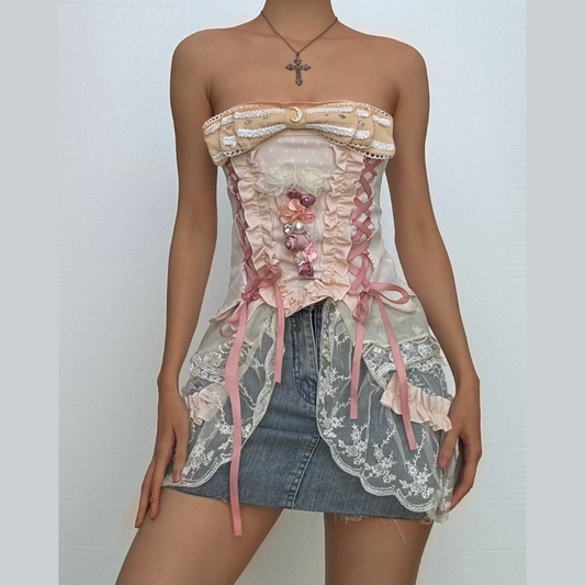 Bowknot flower applique lace hem corset tube top