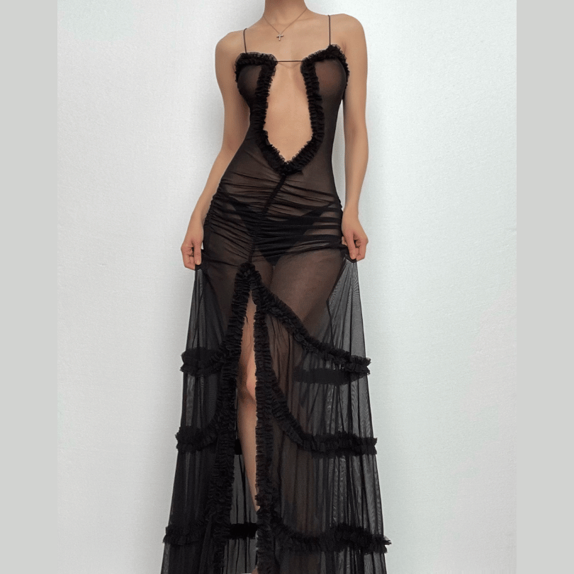 Ruffle spaghetti strap sheer mesh irregular slit maxi dress-final-sale