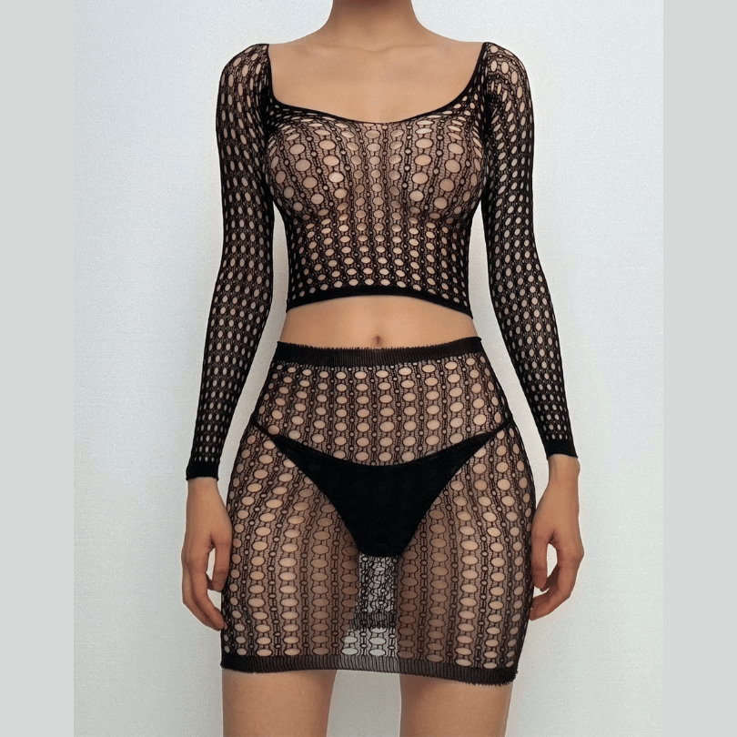 Long sleeve u neck net backless mini skirt set