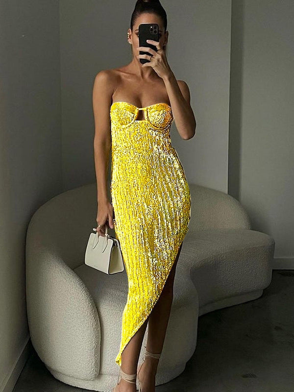Sequins Tube Corset Asymmetric Dress