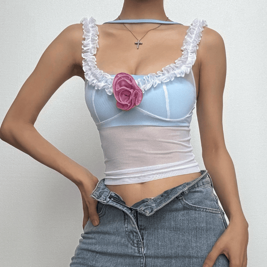 Flower applique mesh see through cami top
