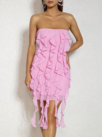 Pink Tube Top Ruffle Backless Dress