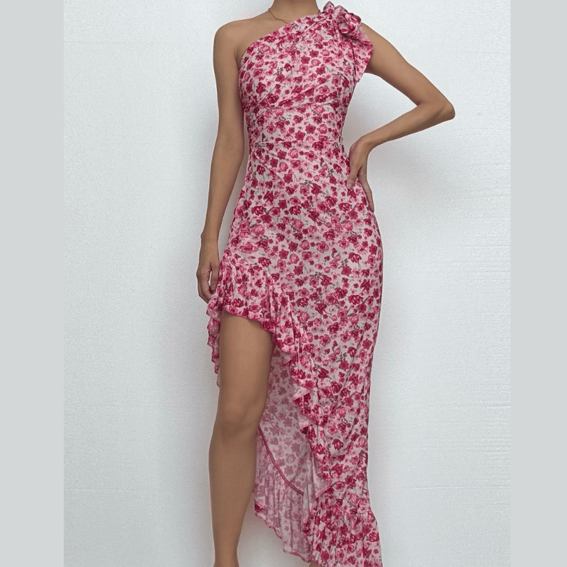 One shoulder knotted slit flower print ruffle maxi dress