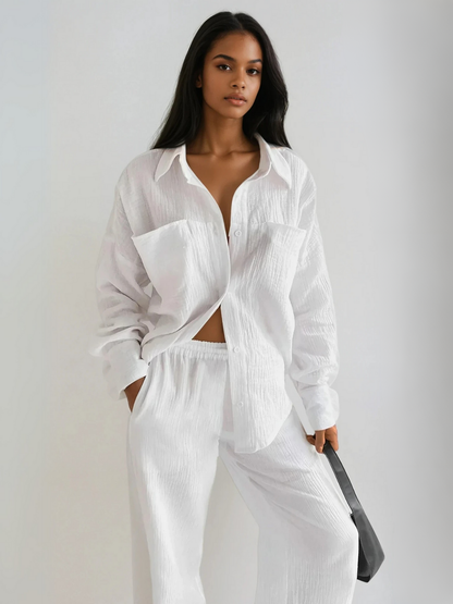 Casual Loose Minimalist Cotton Shirt & Pants Matching Set