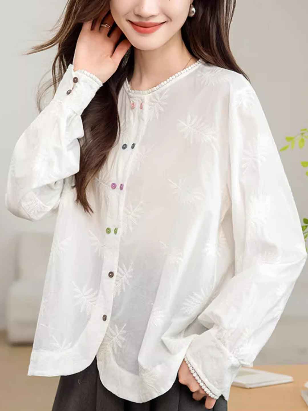 Aubrey Classic Crew Neck Embroidered Hollowed Shirt