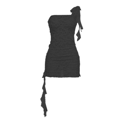 Lace see through one shoulder ruffle knotted ruched mini dress