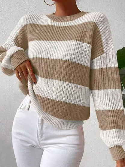 Stripes Contrasting Colors Dropped Shoulder Sleeves Loose Sweaters