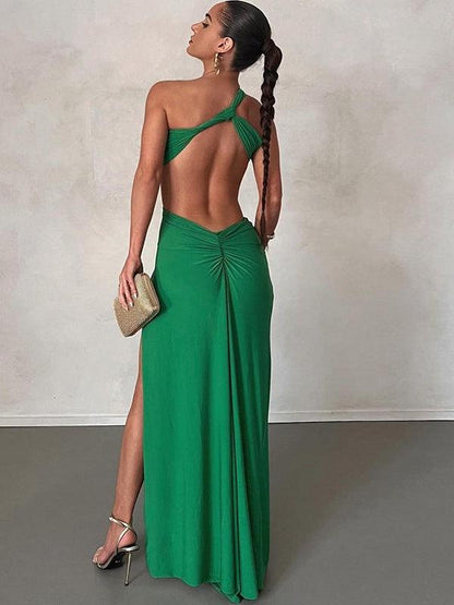 Bandeau Twist One Shoulder Backless Split Maxi Dress