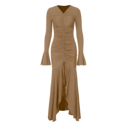 Long flared sleeve v neck ruched maxi dress