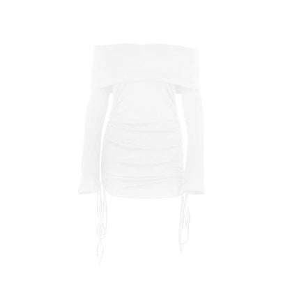 Long flared sleeve off shoulder drawstring mini dress