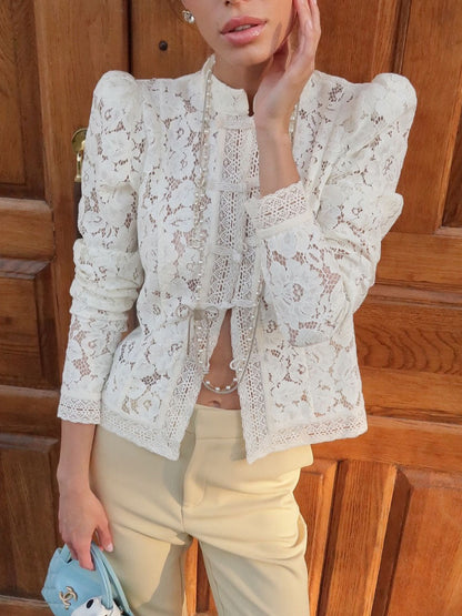 Lace Puff-Sleeve Cotton Tops