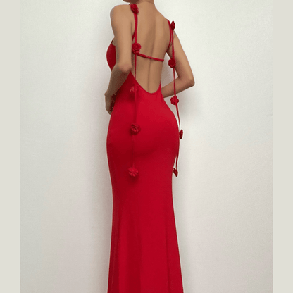 Flower applique backless solid v neck ribbon cami maxi dress-final-sale
