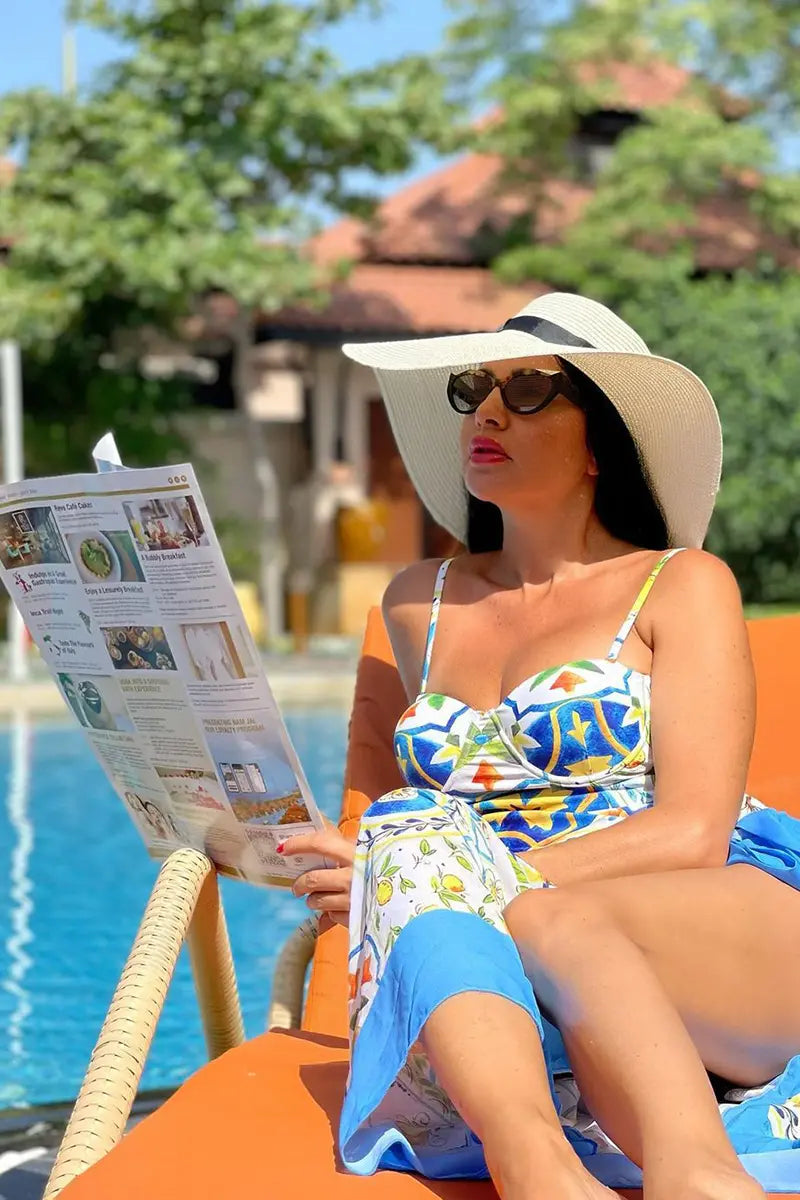 Lemon Print Backless One Piece Swimsuit Set