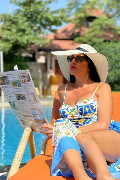 Lemon Print Backless One Piece Swimsuit Set