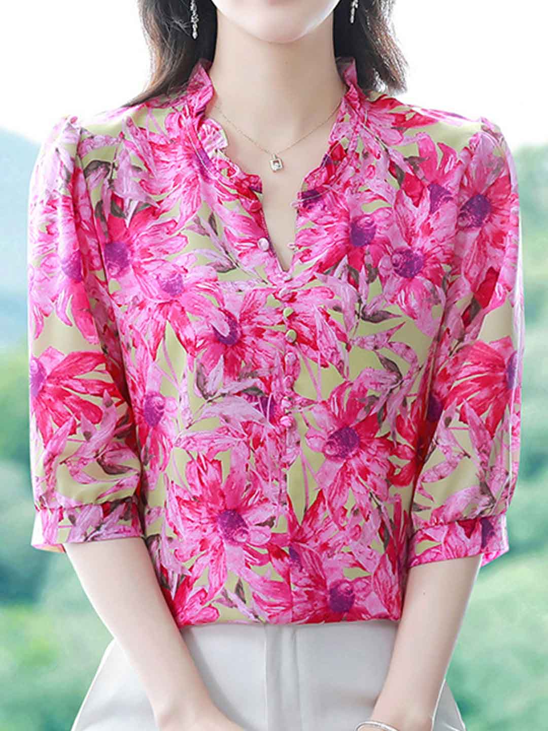 Bailey Loose V-neck Floral Ruffle Chiffon Top