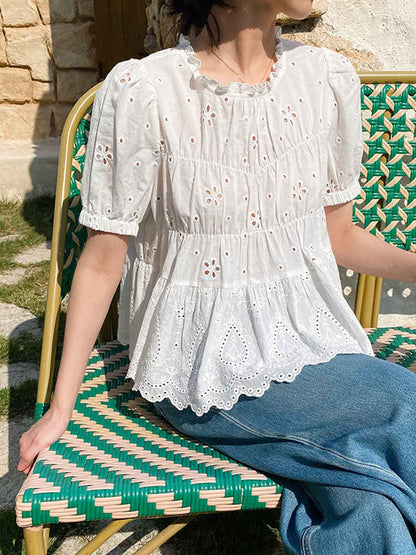 Arianna Retro Auricular Puff Sleeve Embroidered Top