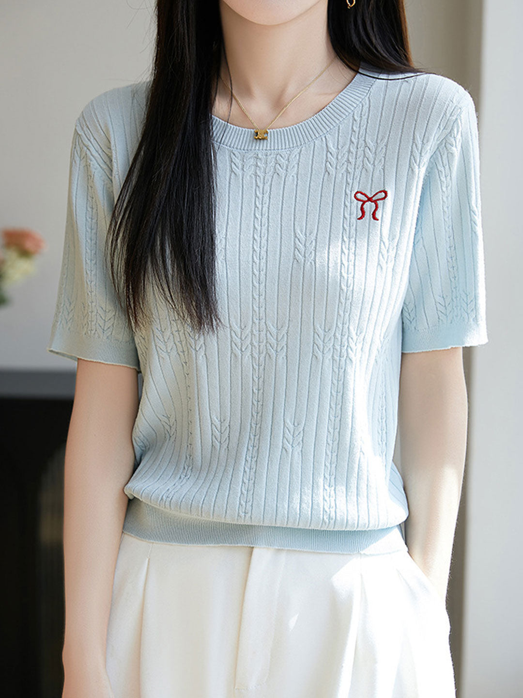 Bella Loose Crew Neck Embroidered Knitted Top