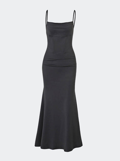 Cowl Neck Spaghetti Strap Corset Ruched Waist Mermaid Maxi Dress