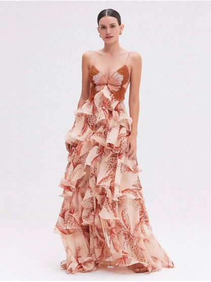 Multi-layered Ruffled Butterfly Halter Long Dress