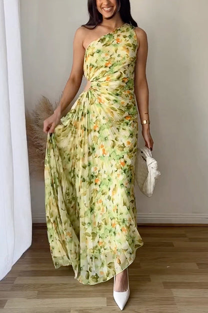 One Shoulder Ruched Cut Out Asymmetric Hem Printed Maxi Dress