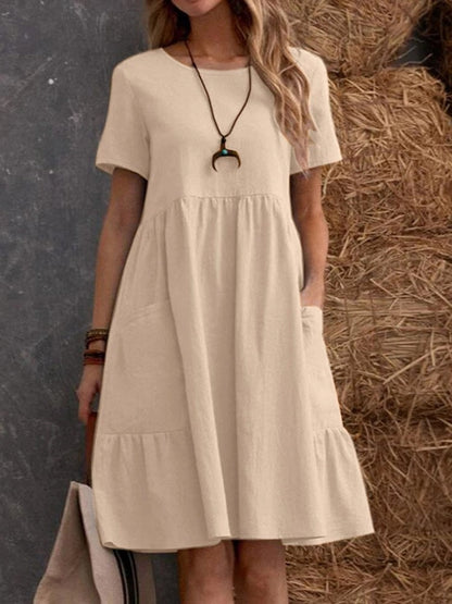 Retro Loose-fitting Pocket Solid Color Round Neck Cotton Linen Short Dress