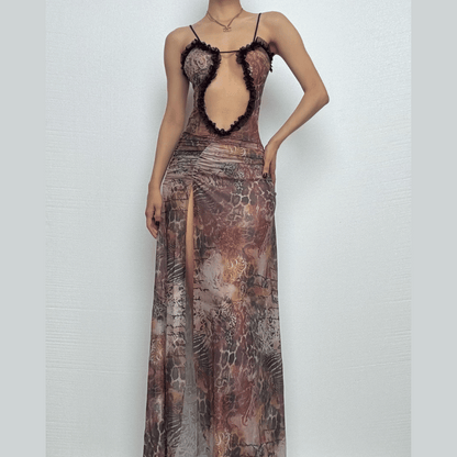 Sheer mesh hollow out ruched high slit cami cut out maxi dress