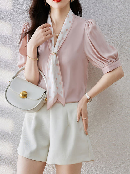 Kaitlyn Classic Printed Bow Satin Shirt-White